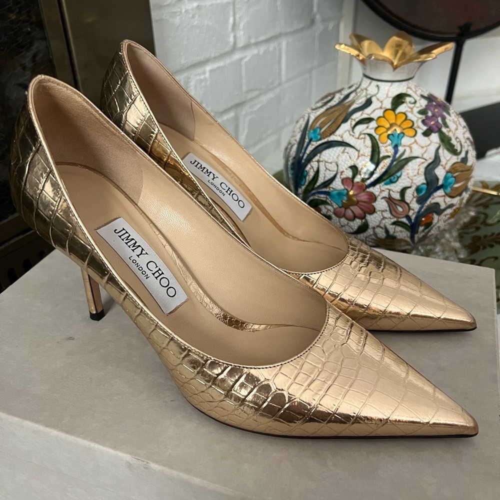 Jimmy Choo Love 85, Light Gold Metallic Croc Embossed Leather Pumps, Size 38-7.5